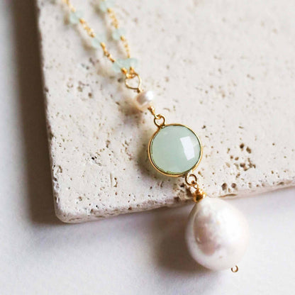 Aqua Chalcedony Pearl convertible necklace with baroque pearl and gold-plated sterling silver chain