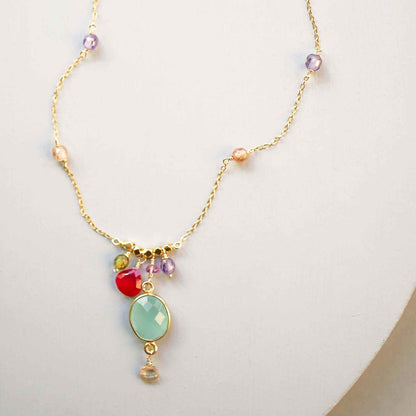 Aqua Chalcedony Rainbow Bezel Necklace with blue gemstone and multicolor accent stones on gold chain