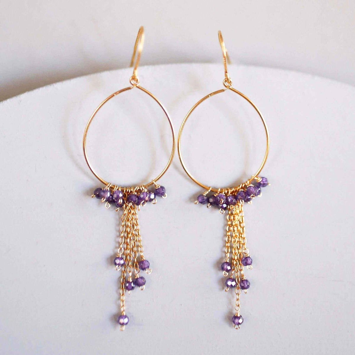Aquamarine mini swing hoop earrings with delicate gemstone chains and 14k gold plated sterling silver