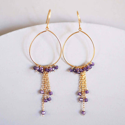 Aquamarine mini swing hoop earrings with delicate gemstone chains and 14k gold plated sterling silver