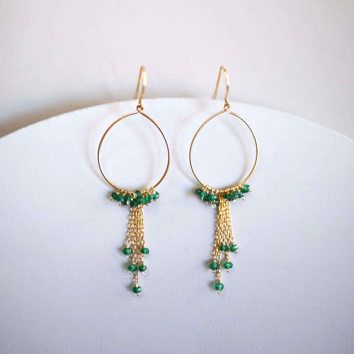 Aquamarine Mini Swing Hoop Earrings with delicate gemstone chains and gold plated sterling silver hoops