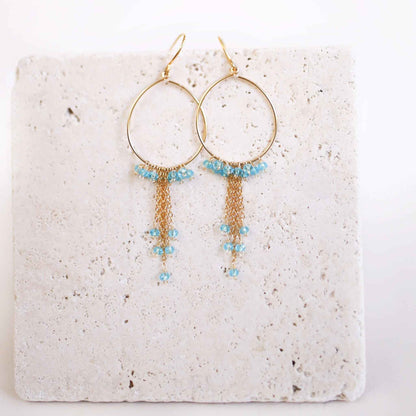 Aquamarine Mini Swing Hoop Earrings with delicate gemstone chains on lightweight 14k gold plated sterling silver hoops