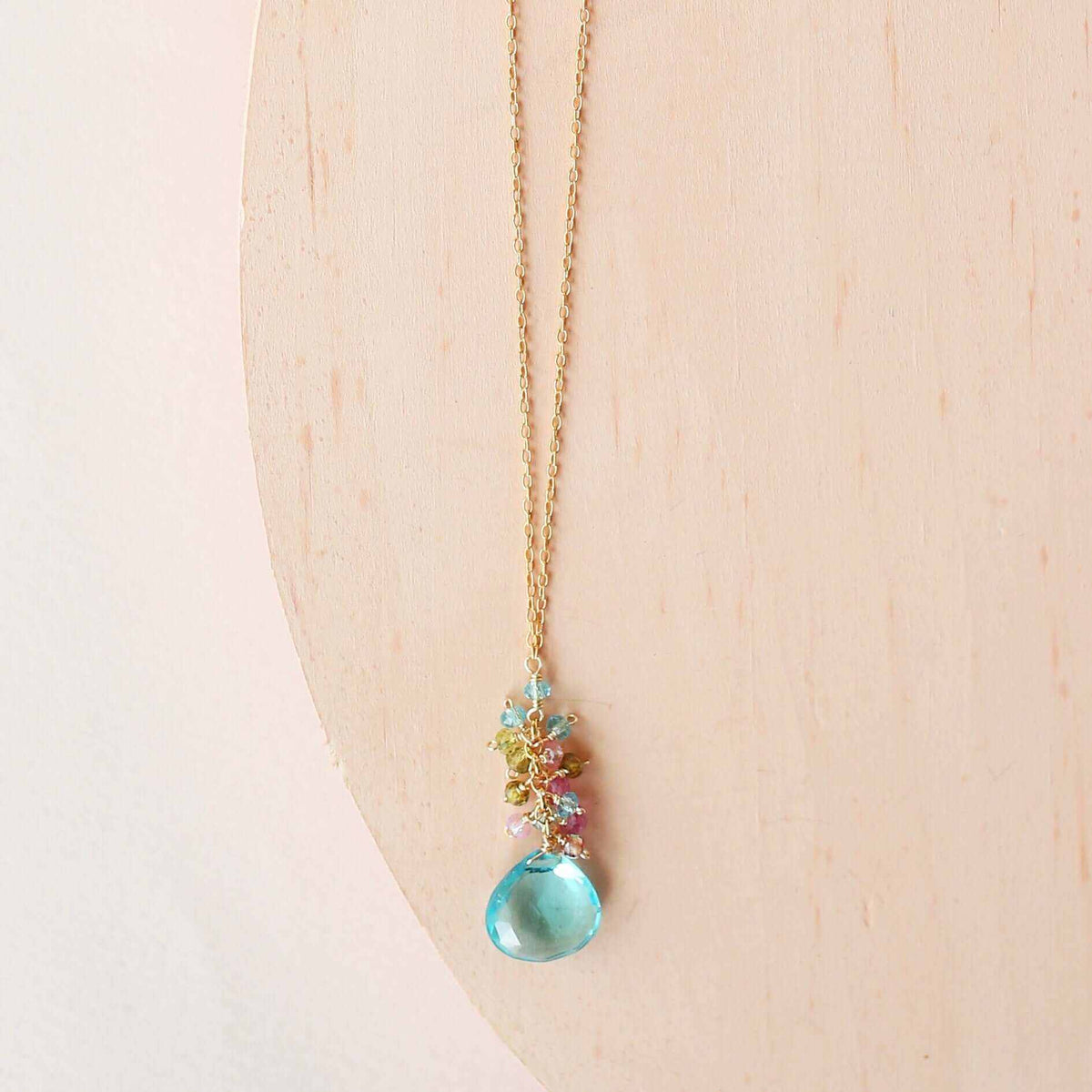 Aquamarine quartz pendant necklace with 14k gold plating and sterling silver chain