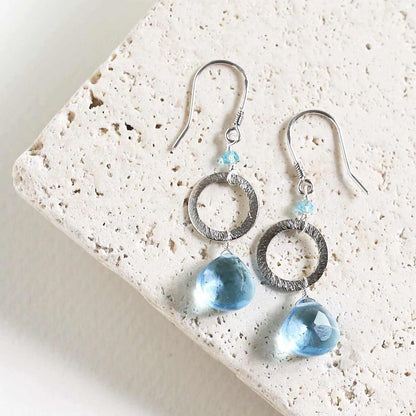 Aquamarine quartz silver earrings with French hooks and rhodium plated sterling silver