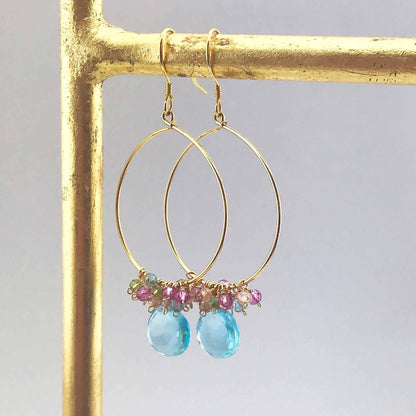 Gold vermeil swing earrings with aquamarine quartz stones and delicate French hooks