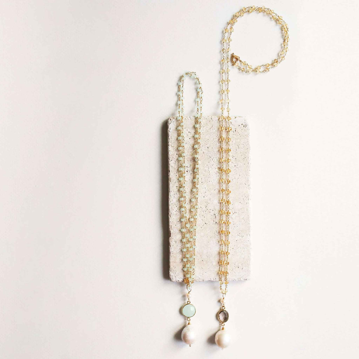 Baroque pearl convertible necklace with aqua chalcedony gemstone and gold plated sterling silver chain