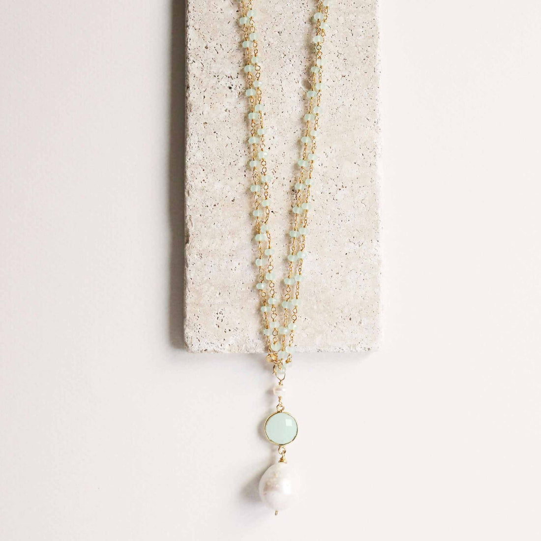 Baroque pearl convertible necklace with aqua chalcedony and smoky quartz gemstones, 14k gold plated sterling silver, shown in long and doubled shorter style