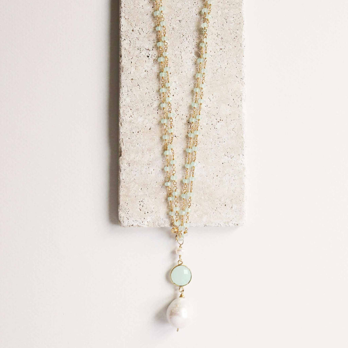 Baroque pearl convertible necklace with aqua chalcedony and smoky quartz gemstones, 14k gold plated sterling silver, shown in long and doubled shorter style