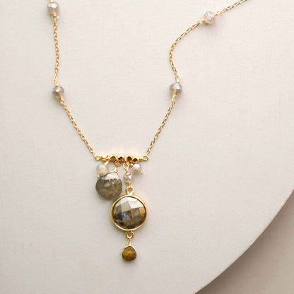 Delicate 14k gold plated bezel necklaces with various gemstone pendants on fine chains