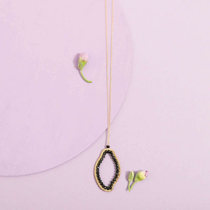 Black Spinel gold pendant and earrings freestyle jewelry set