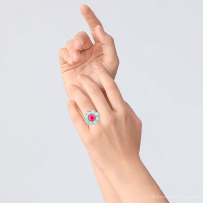 Blue Turquoise and Red Quartz Flower Golden Ring