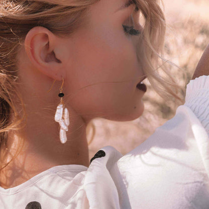 Blush stick pearl earrings with blush pink freshwater pearls and smoky quartz accents, 3-inch gold plated sterling silver dangle design