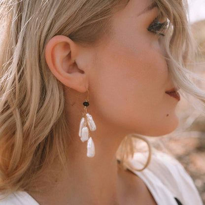 Blush Stick Pearl Earrings with blush pink freshwater pearls and smoky quartz gemstone on 14k gold plated sterling silver hooks