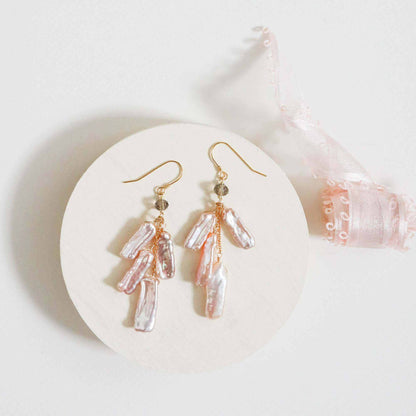 Blush stick pearl earrings with blush pink freshwater pearls and smoky quartz on 14k gold plated sterling silver French hooks