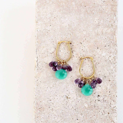 Chrysoprase &amp; Amethyst Gold EarringsWe loved the bright sea green color of chrysoprase gemstones the minute we set eyes on them. Paired with sparkling amethyst, and so lightweight you&