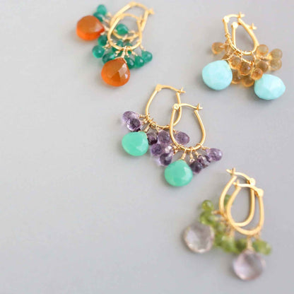 Chrysoprase &amp; Amethyst Gold EarringsWe loved the bright sea green color of chrysoprase gemstones the minute we set eyes on them. Paired with sparkling amethyst, and so lightweight you&