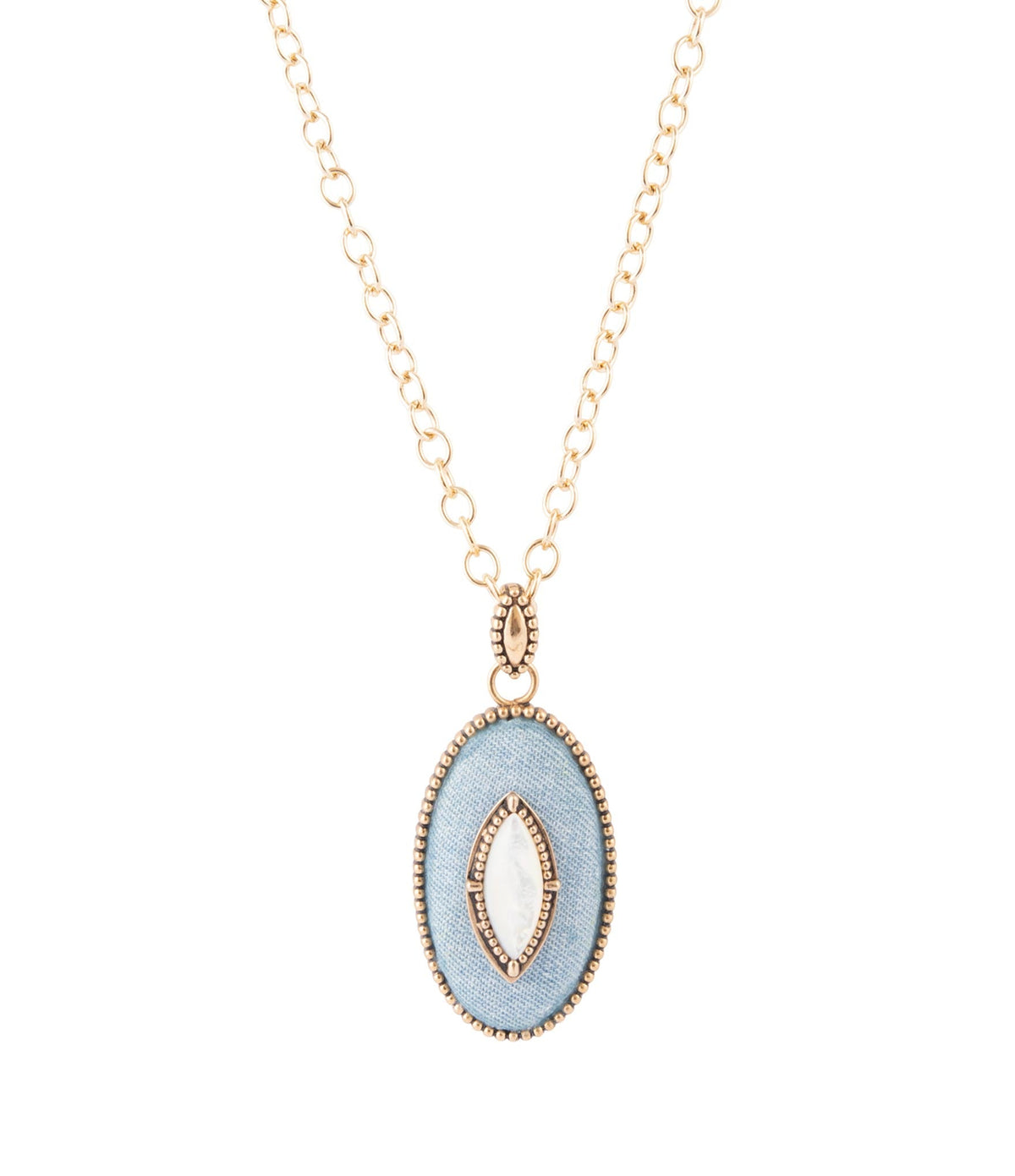 Blue Denim Dreams White Mother of Pearl Golden Pendant Necklace