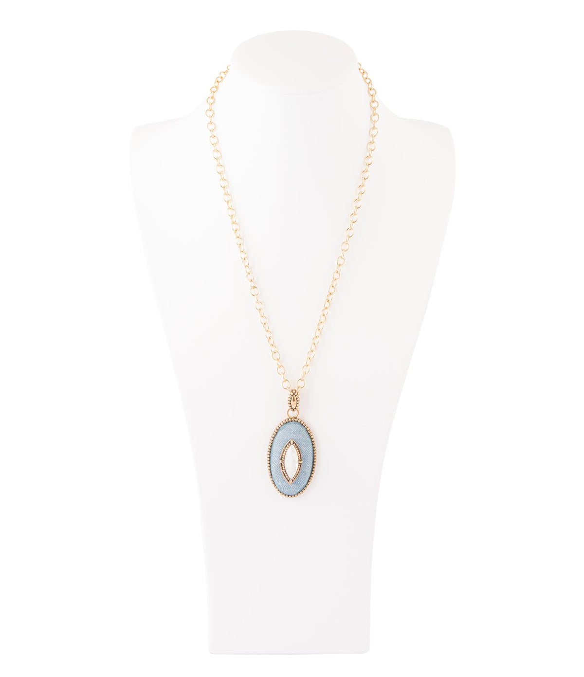 Blue Denim Dreams White Mother of Pearl Golden Pendant Necklace