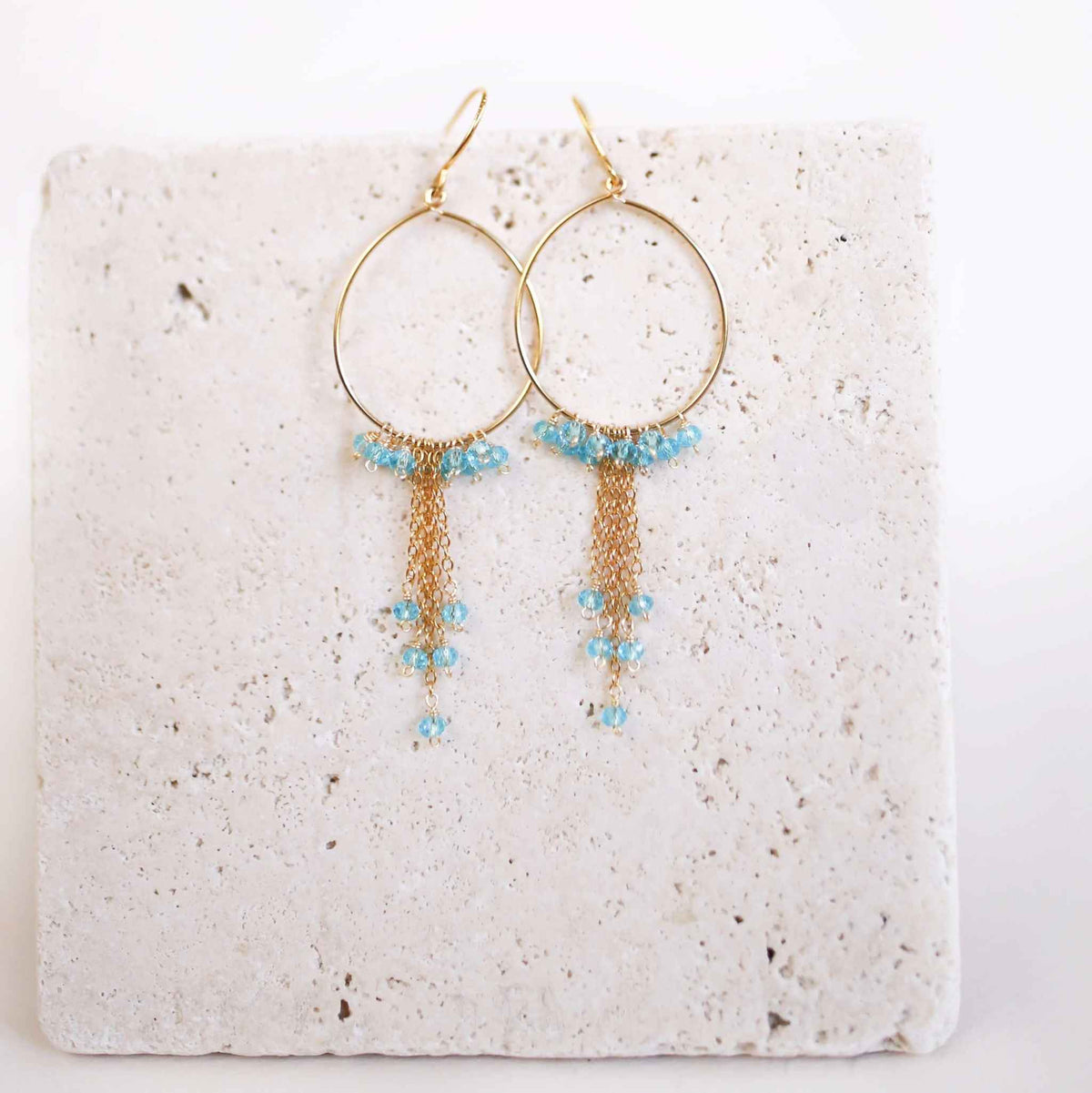 Garnet Mini Swing Hoop Earrings with delicate chains and 14k gold plated sterling silver