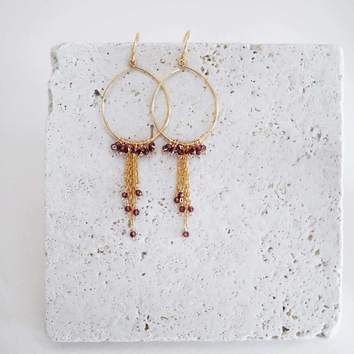 Garnet Mini Swing Hoop Earrings with delicate chains, 14k gold plated sterling silver, and garnet gemstones