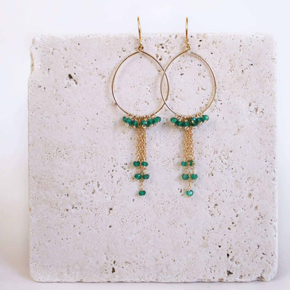 Garnet Mini Swing Hoop Earrings with delicate chains and 14k gold plated sterling silver