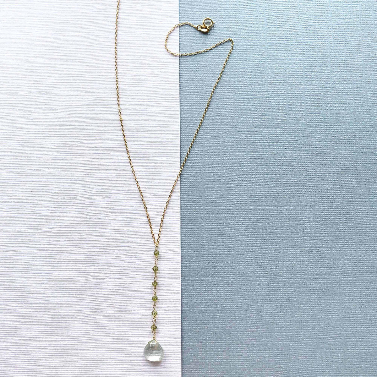 Green Amethyst Mini Yoga PendantYoga  pendant necklace with a green amethyst (a.k.a. prasiolite) gemstone and peridot accent stones- 18-20" long with a 2" extender chain- Pendant drop is 2" long- 1NecklacesPARKEN JEWELRYVettedArcGreen Amethyst Mini Yoga Pendant