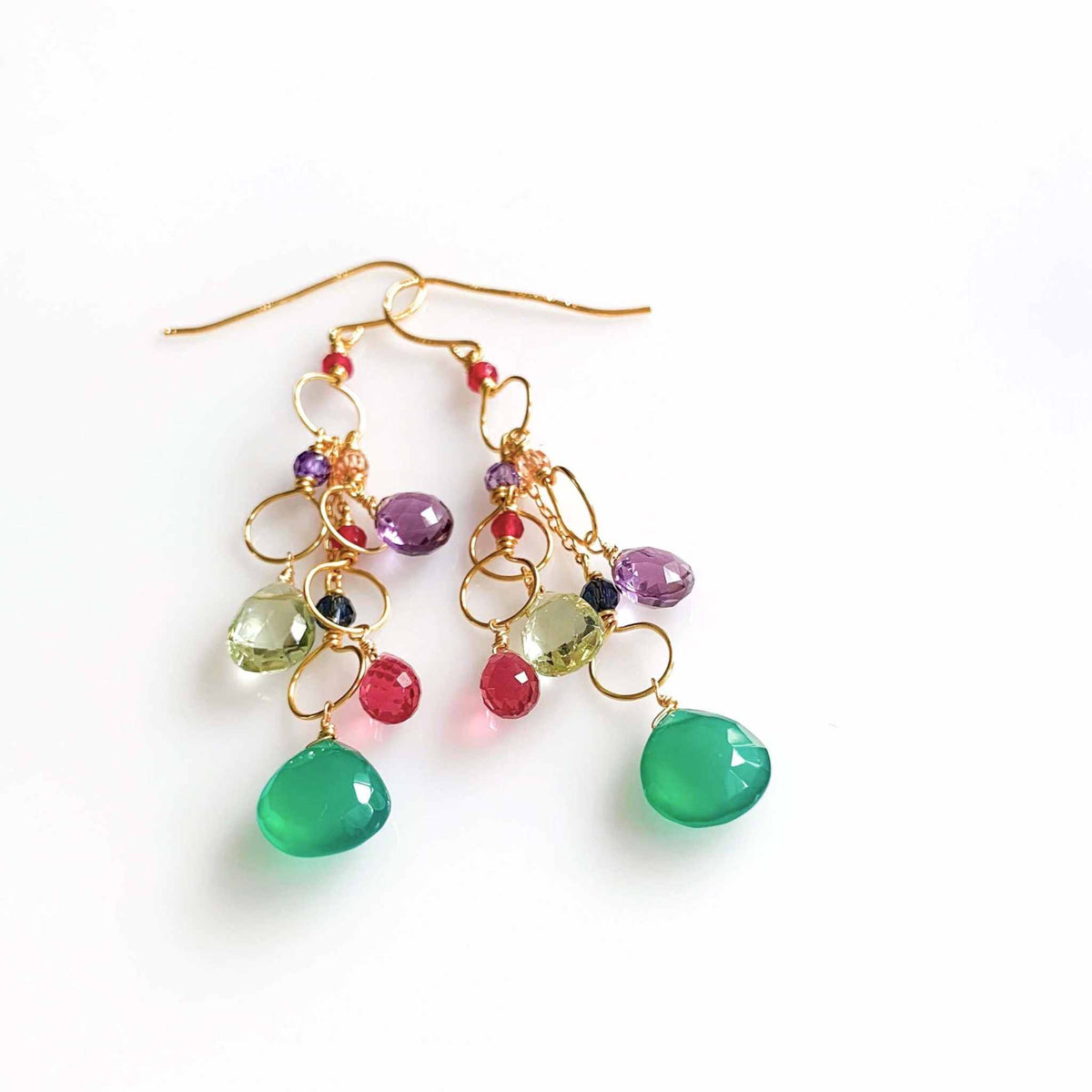 Green onyx rainbow waterfall chandelier earrings with amethyst and tourmaline gemstones