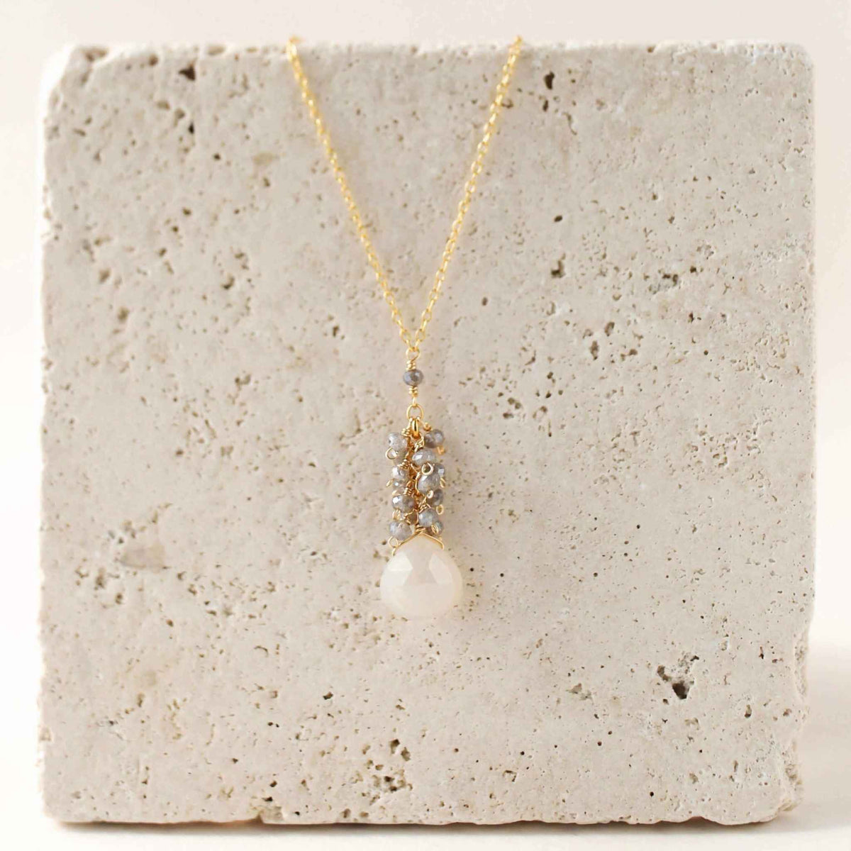 White chalcedony silver cluster necklace with labradorite gems and sterling silver chain