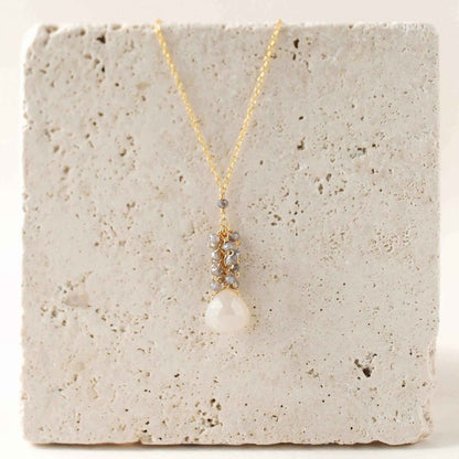 White chalcedony silver cluster necklace with labradorite gems and sterling silver chain