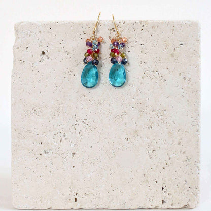 Neon Blue Quartz Bala EarringsStunning drops of color. Gold drop earrings made with neon blue quartz topped with a rainbow cluster of gems.
- 1.25" long- French hooks- 14k gold plated .925 fine IEarringsPARKEN JEWELRYVettedArcNeon Blue Quartz