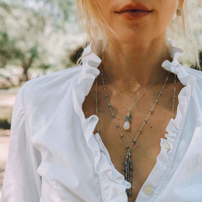 White chalcedony silver cluster necklace with labradorite gems on sterling silver chain