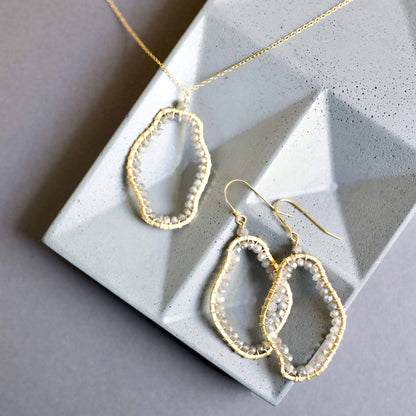 Labradorite Freestyle Jewelry SetCompletely one-of-a-kind, Labradorite gold pendant and earrings set. Each one is a unique, amorphous shape.
Floating pendant is strung on a very delicate chain that Necklace/Earring KitPARKEN JEWELRYVettedArcLabradorite Freestyle Jewelry Set