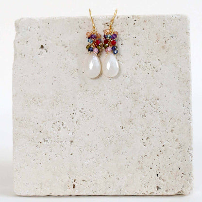 White Chalcedony Bala EarringsShimmering white stones topped with a rainbow cluster of gems.
- 1.25" long- French hooks- 14k gold plated .925 fine Italian sterling silver- Made in the USA in our EarringsPARKEN JEWELRYVettedArcWhite Chalcedony Bala Earrings