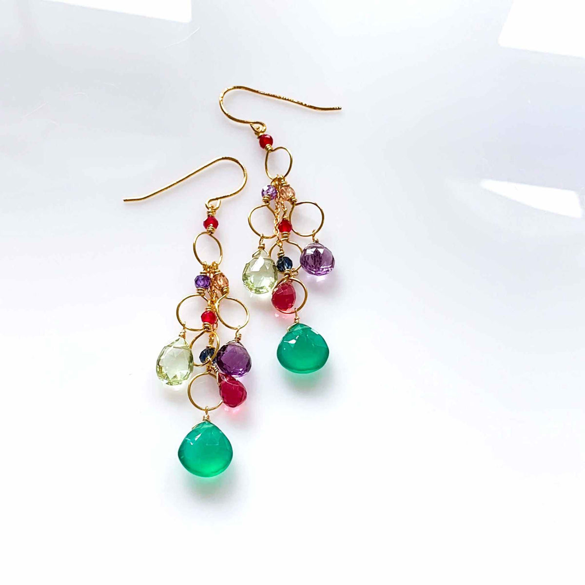 Green Onyx Rainbow Waterfall EarringsColorful gemstone chandelier earrings.
- Green Onyx, Green Amethyst, Dark Pink Tourmaline and Amethyst gemstones- 2.75" long- French Hooks- 14k gold plated .925 fineEarringsPARKEN JEWELRYVettedArcGreen Onyx Rainbow Waterfall Earrings