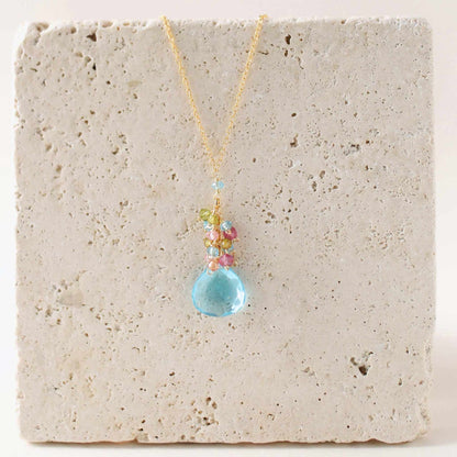 Aquamarine Quartz raindrop cluster necklace in rhodium-plated sterling silver with spring ring clasp