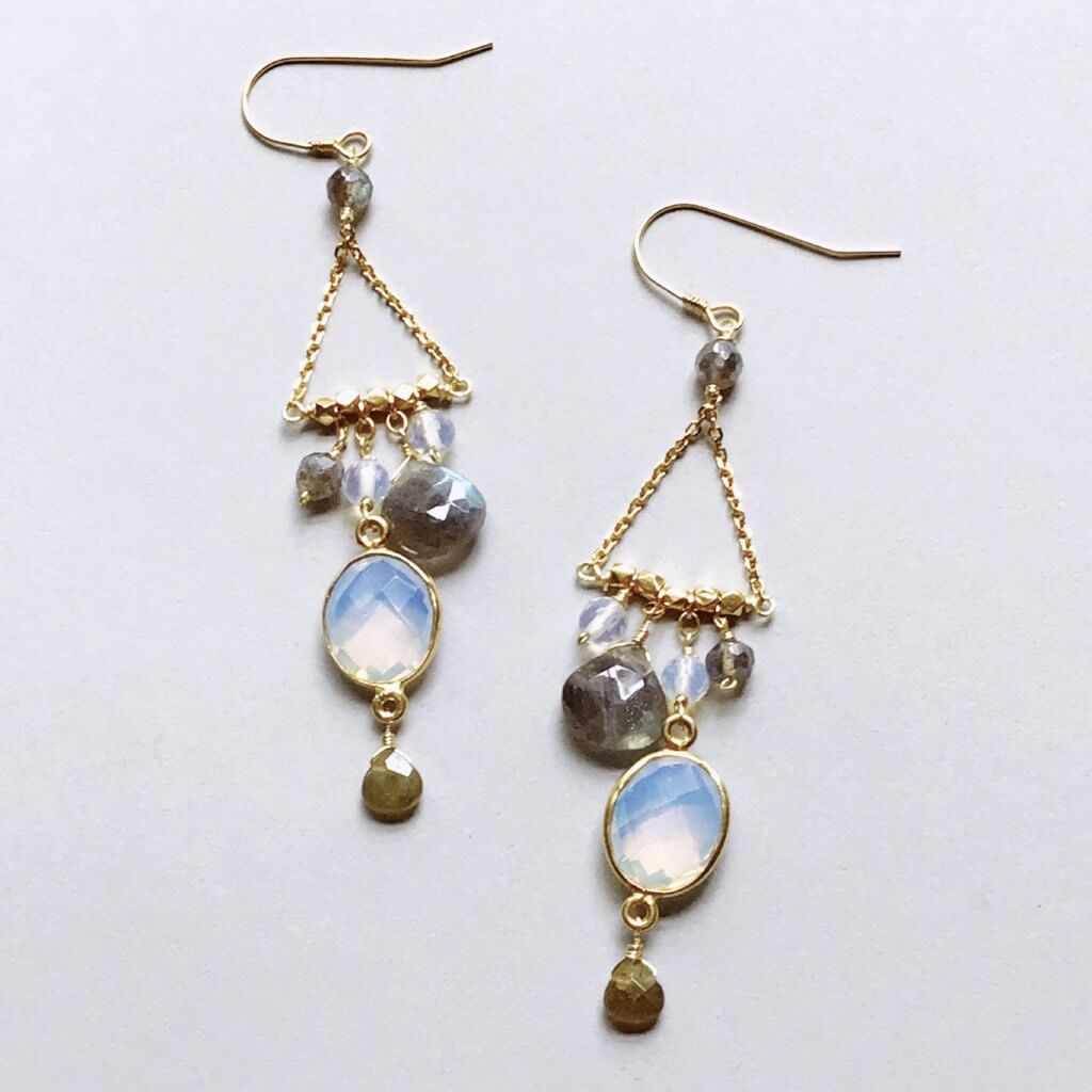 Opalite Chandie EarringsOur "chandies" are a modern take on classic chandelier earrings, using gemstone color combos and varying stone shapes and sizes. This pair features bezel set opal quEarringsPARKEN JEWELRYVettedArcOpalite Chandie Earrings