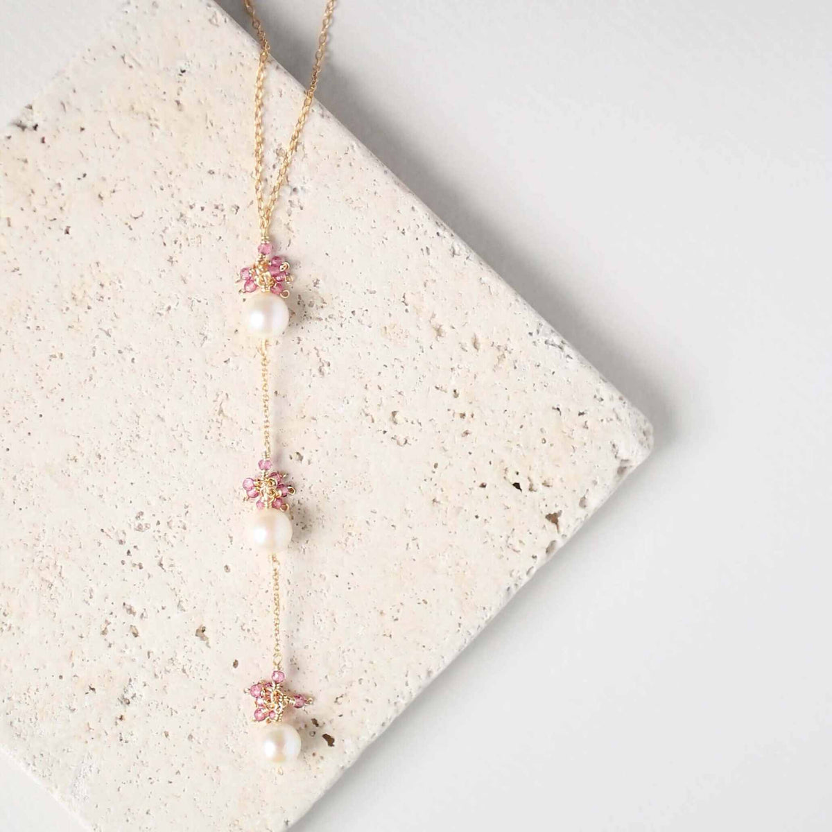 Pearl and pink tourmaline necklace with freshwater pearls and 14k gold plated sterling silver chain