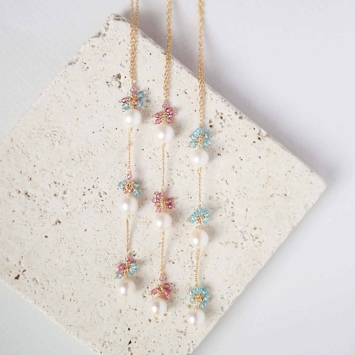 Pearl and pink tourmaline necklace with white freshwater pearls and 14k gold plated sterling silver chain