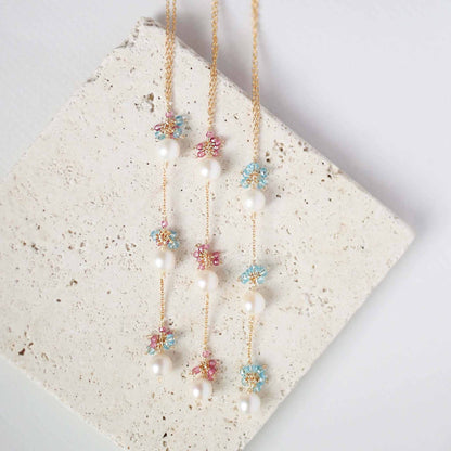 Pearl and pink tourmaline necklace with white freshwater pearls and 14k gold plated sterling silver chain