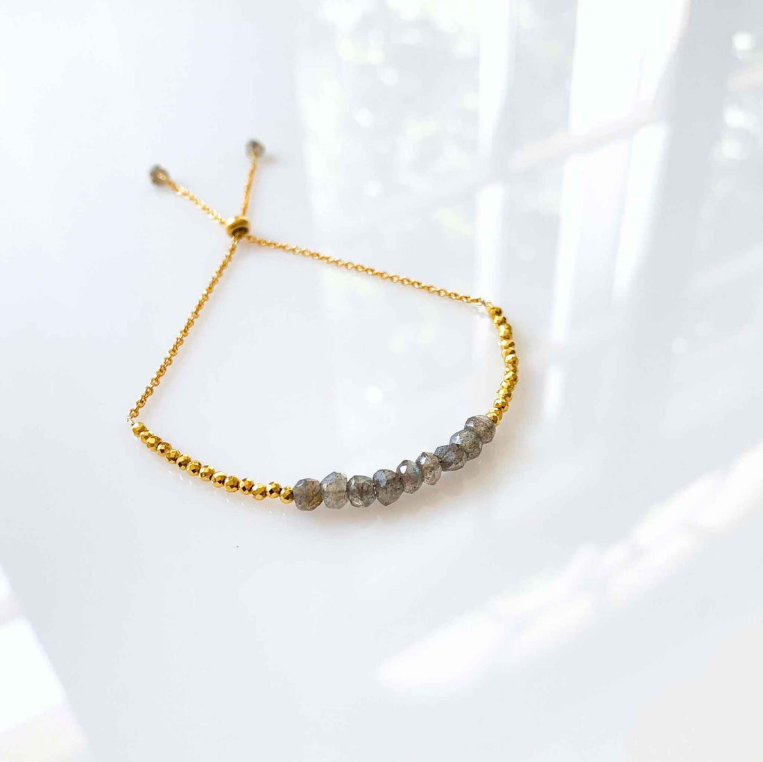 Labradorite Adjustable Stacking BraceletOur super simple bracelets are the ultimate arm candy and completely adjustable to fit anyone. Gorgeous alone or stacked. We&