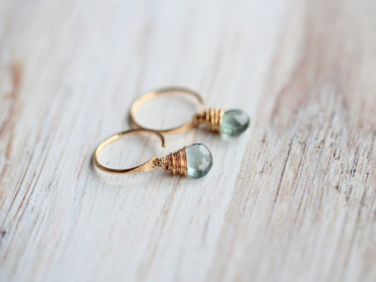 Moss aquamarine dangle hug earrings with polished gold huggie and teardrop gemstone