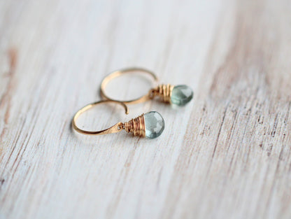 Moss aquamarine dangle hug earrings with polished gold huggie and teardrop gemstone