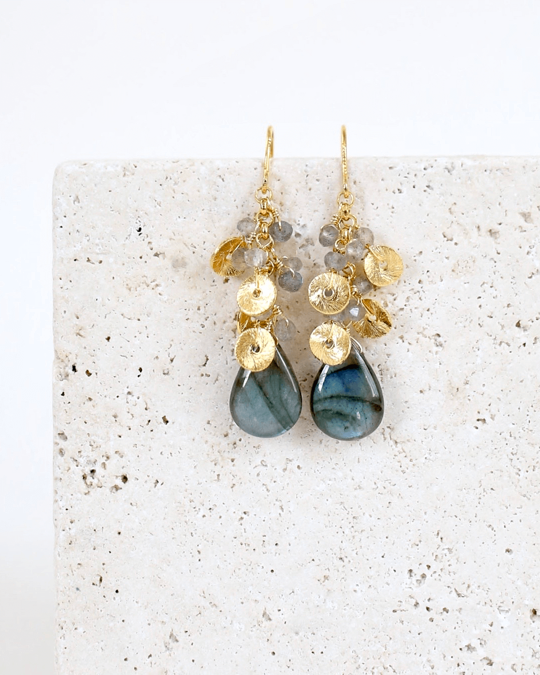 Labradorite Necklace &amp; Earring Layering SetOur gorgeous raindrop earrings made with a "flash" labradorite gemstone and paired with a delicate &