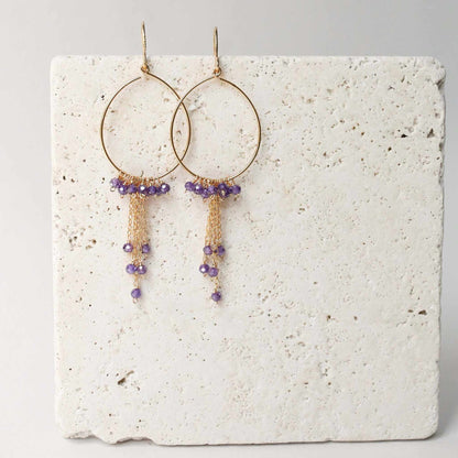 Amethyst Gold Mini swing hoop earrings with delicate gemstone chains and 14k gold plated sterling silver