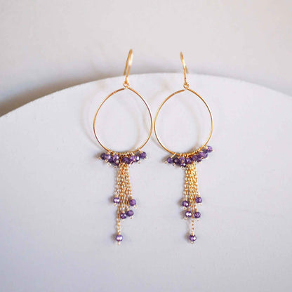 Amethyst gold mini hoop earrings with delicate gemstone chains and 14k gold plated sterling silver