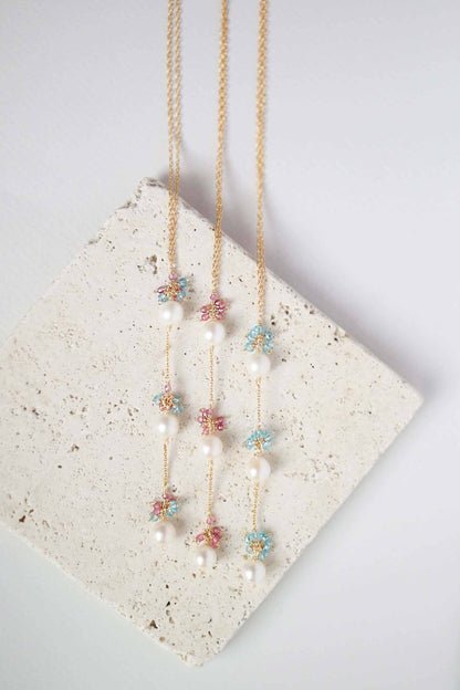 Pearl and pink tourmaline necklace with freshwater pearls and 14k gold plated sterling silver chain