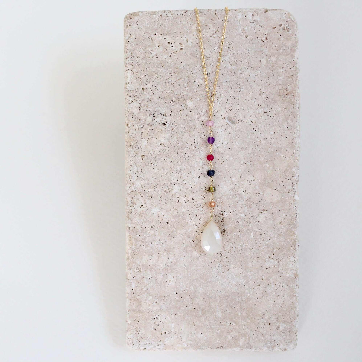 White Chalcedony Rainbow Yoga PendantYoga pendants are designed for total simplicity.
- White Chalcedony gemstones paired with multi color accent stones- 18-20" long with a 2" extender chain- Y pendant NecklacesPARKEN JEWELRYVettedArcWhite Chalcedony Rainbow Yoga Pendant