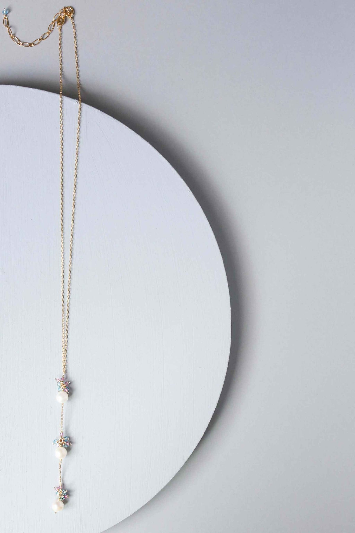 Pearl and pink tourmaline necklace with white freshwater pearls and 14k gold plated sterling silver