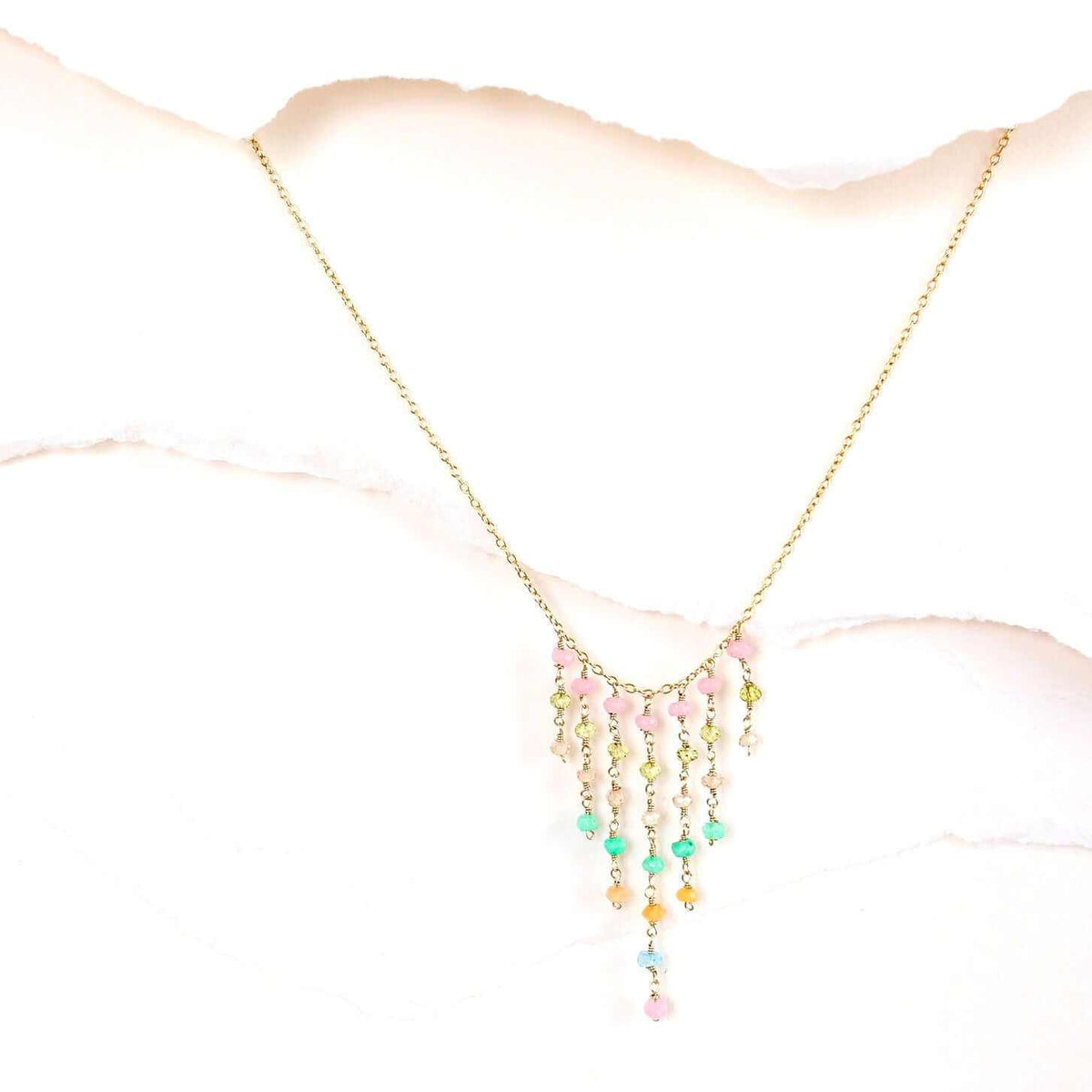 Pastel Rainbow Mini Fringe NecklaceThese super delicate necklaces are our unique gemstone version of fringe jewelry.
- Rose Quartz, Peridot, Champagne Quartz, Blue Chalcedony, Orange Chalcedony gemstoNecklacesPARKEN JEWELRYVettedArcPastel Rainbow Mini Fringe Necklace
