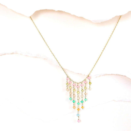 Pastel Rainbow Mini Fringe NecklaceThese super delicate necklaces are our unique gemstone version of fringe jewelry.
- Rose Quartz, Peridot, Champagne Quartz, Blue Chalcedony, Orange Chalcedony gemstoNecklacesPARKEN JEWELRYVettedArcPastel Rainbow Mini Fringe Necklace
